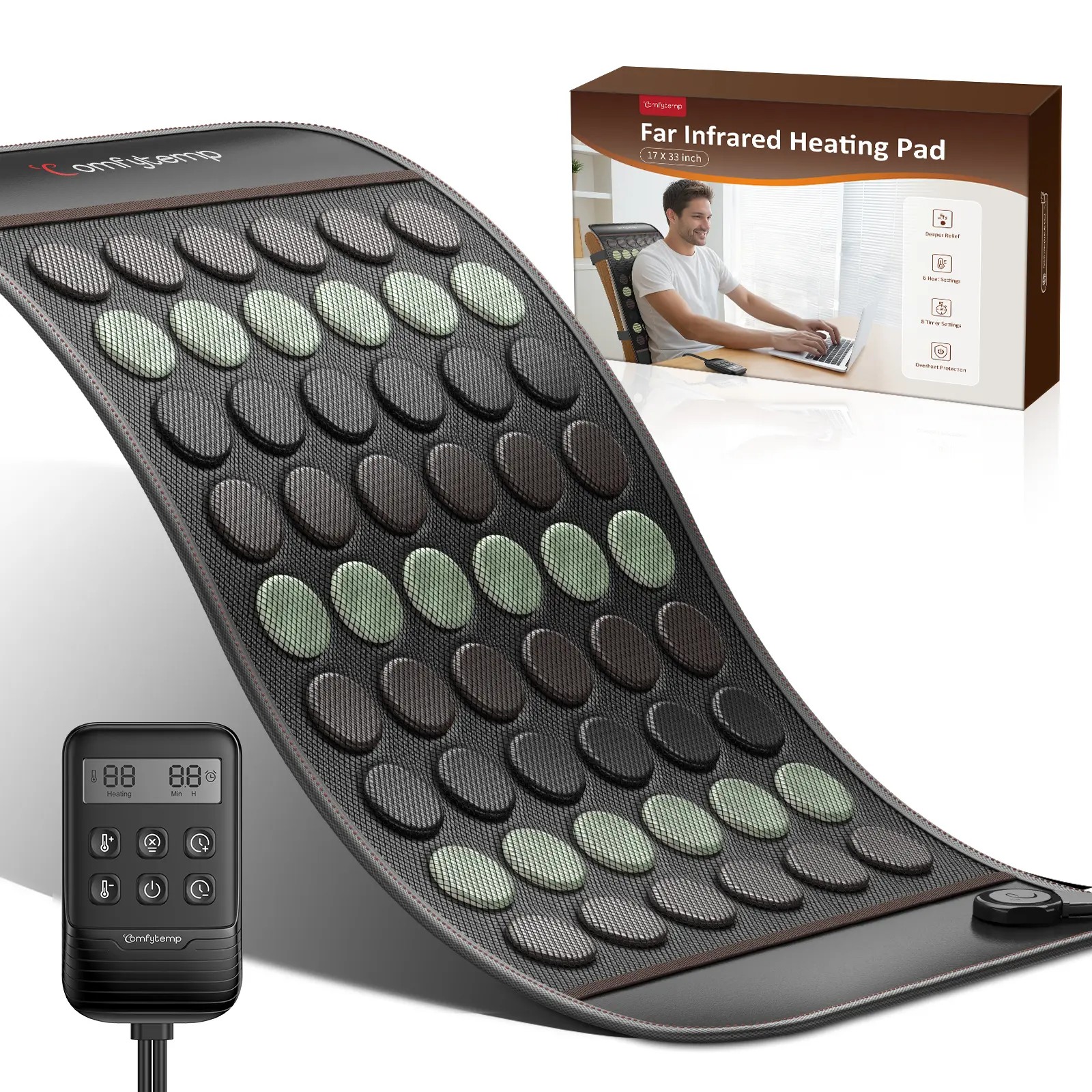 Comfytemp Cordless Extra-Large Far-Infrared Heating Pad (17x33 in XXL) with Natural Gemstones, 6 Temperature Settings, 8 Timer Settings, Ideal for Muscle Aches, Gift for Adults, Cordless Heating Pad