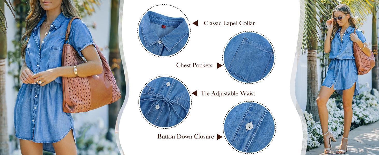 Imily Bela Women Denim Dress Summer Jean Shirt Dress Short Sleeve Button Down Tie Waist Casual Short Dress