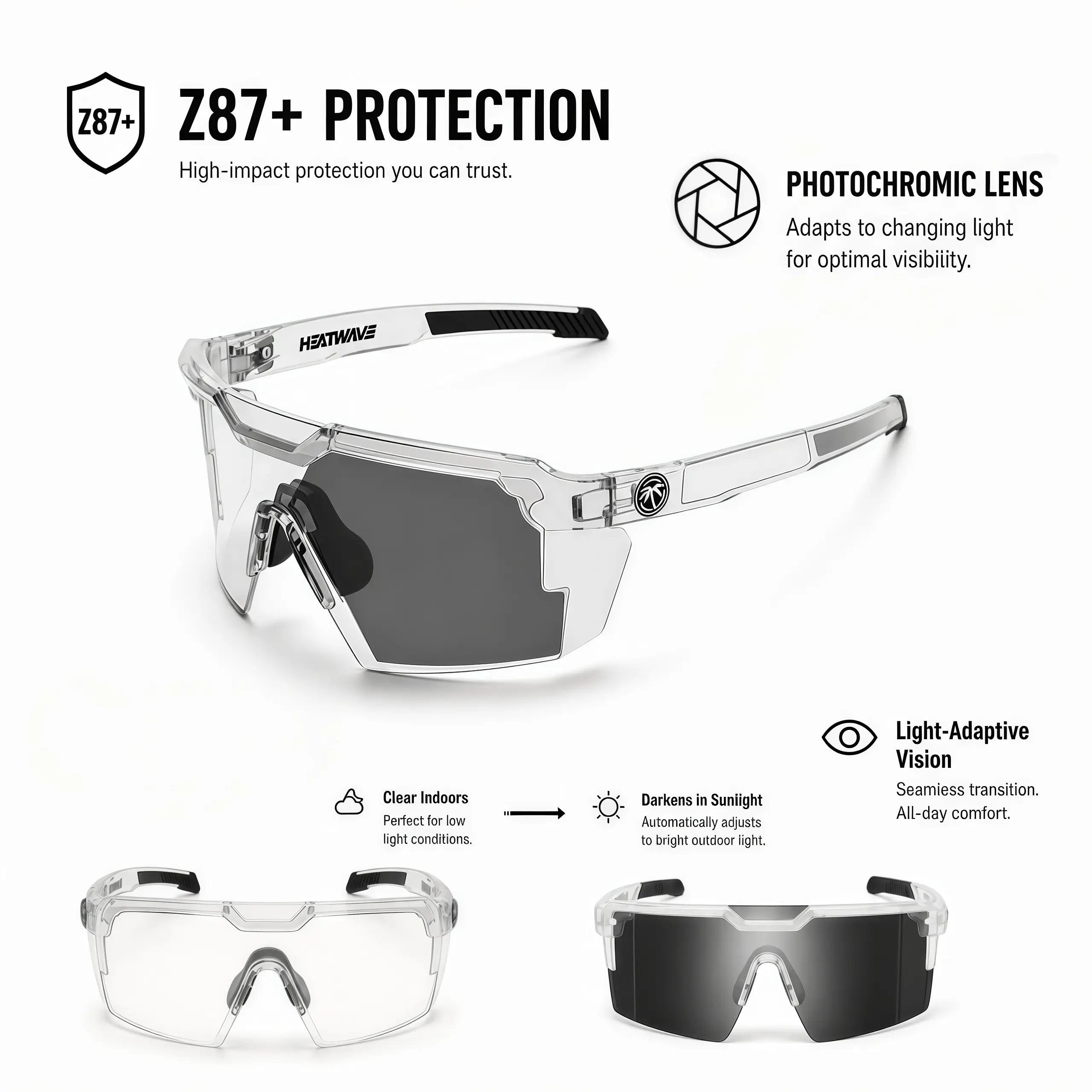 Premium Luxury Square-Frame Photochromic Sunglasses - Unisex UV400 Cycling Gear Sports Glasses, Men's Sunglasses, Glasses for Women, Z87+ Safety Certified, Dark Gray in Sunlight, Accessories Adults, All-Day Wear, Outdoor Sports Eyewear, Sports Eyewear