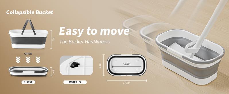 Oshang Flat Mop and Bucket OG7, Mops for Floor Cleaning with Scraping Blade, Portable Design, and Wheels for Easy Transport