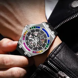 Automatic Men's Watch Skeleton TourbillonWandering Earth Series Colored RhinestoneMechanical Blue Silicone Strap Rare Watches Field