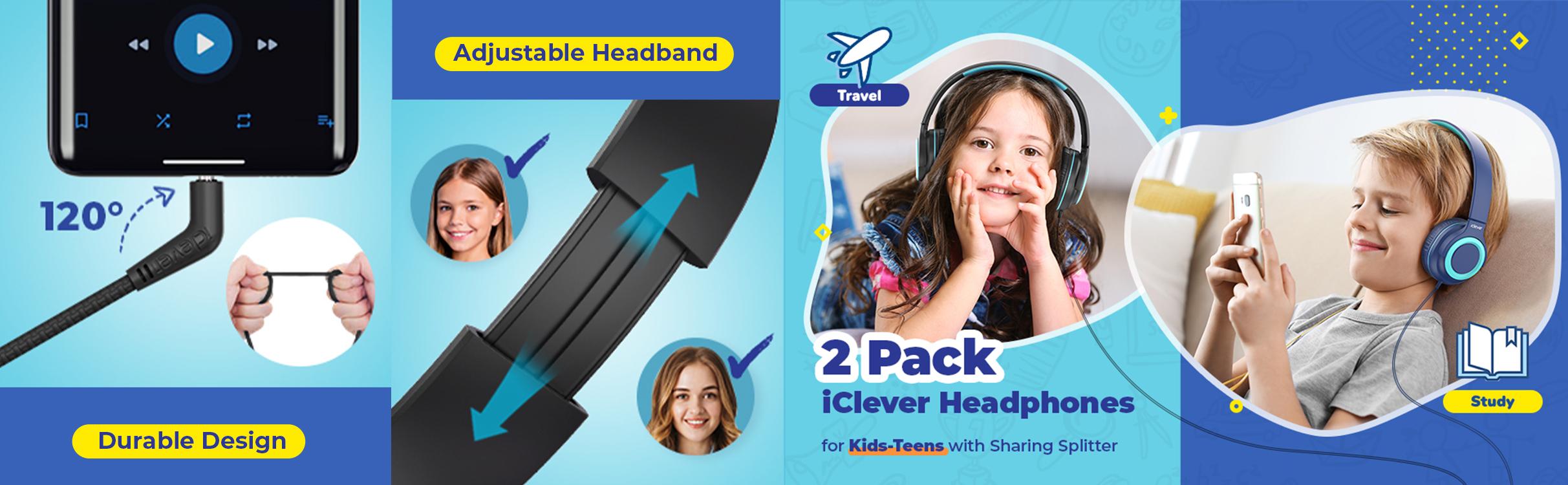 iCleverKids 2-Pack Wired Headphones with Sharing Splitter-HS22 for School Tablet Travel Audio Headset Earbud Electronic