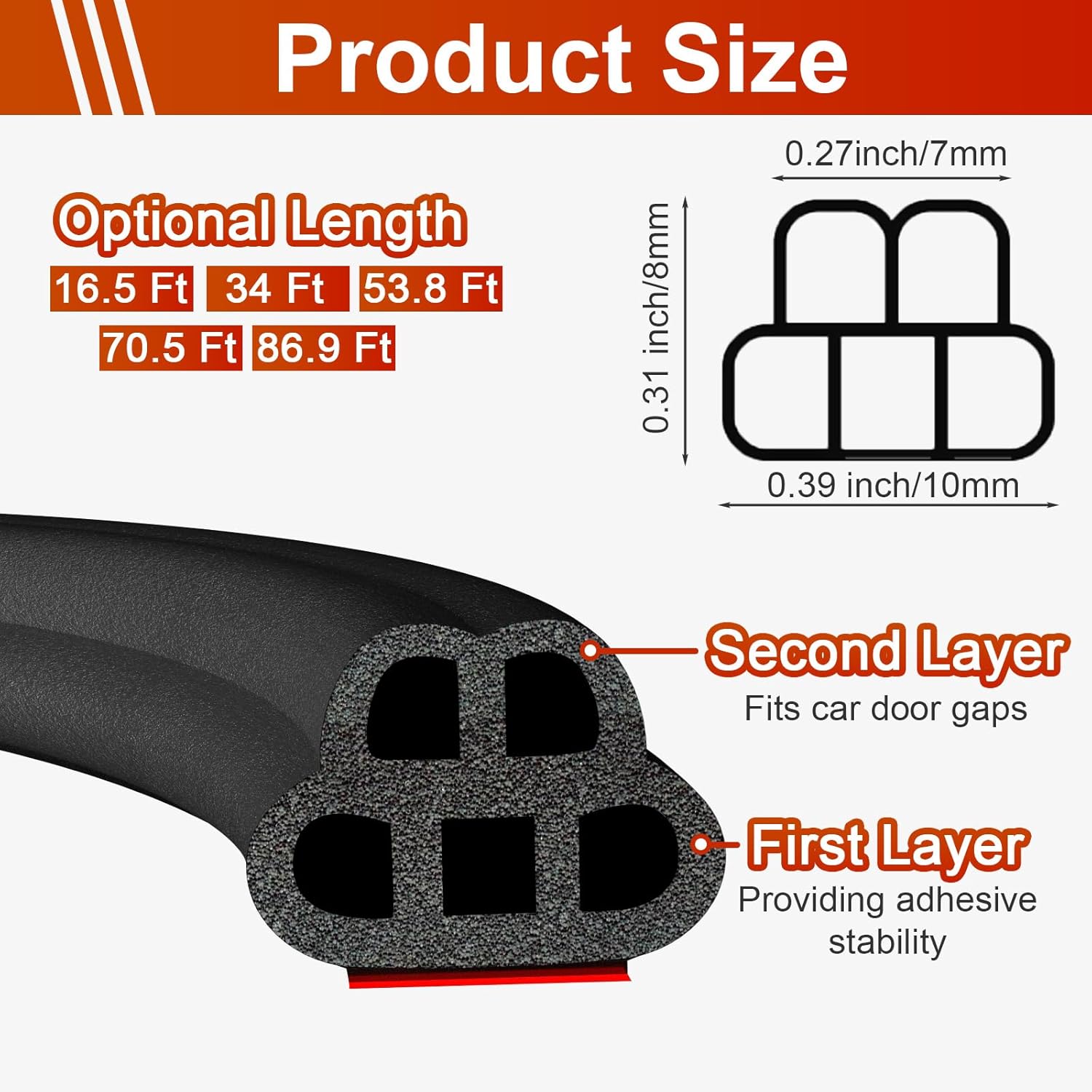 52.5 Ft Car Door Seal Strip Universal Self Adhesive Automotive Weather Stripping, Double Layer 5-Hole Car Door Soundproofing Strip, Rubber Seal Strip for Cars Trucks SUVs RVs Hood Cover