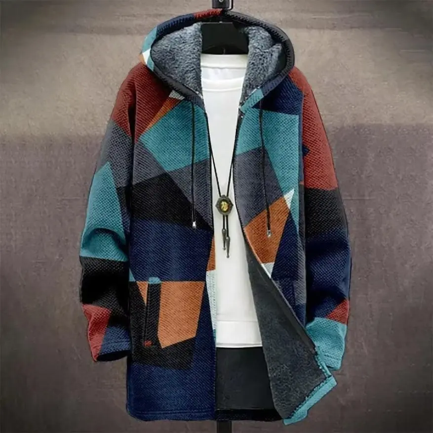 Digital Printed Hat Cardigan Men's Mid-length Trench Coat Vintage Street Style Warm Coat Jackets Long Sleeve