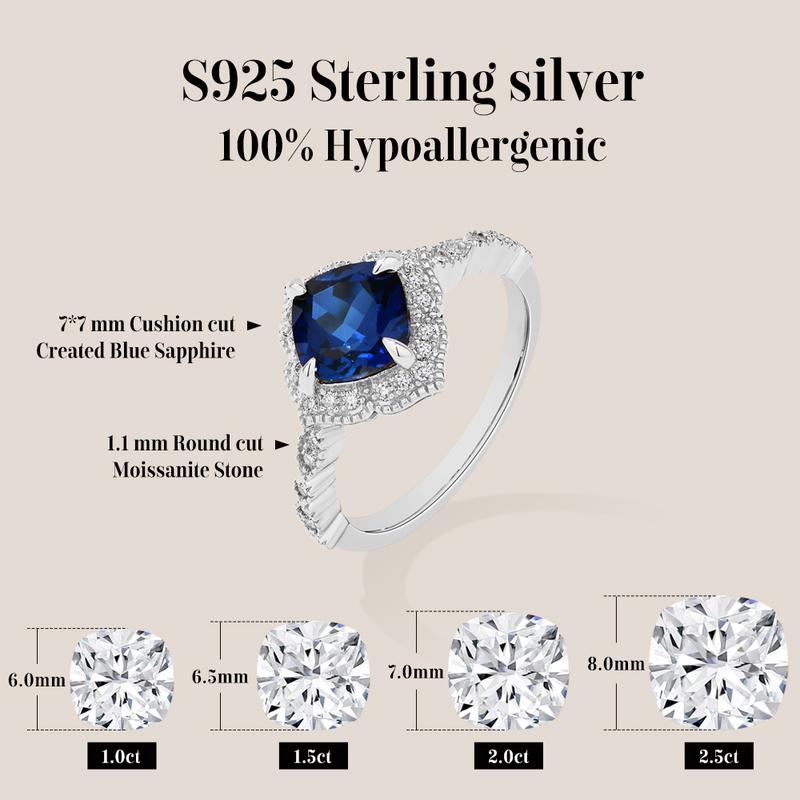 ATTAGEMS Cushion Cut 7.7mm Lab-Created Blue Sapphire Ring for Women 925 Sterling Silver Rings Fine Jewelry Party Holiday Engagement Gift R281