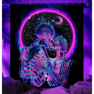 Blacklight Skull 60*51inTapestry Glow in the Dark Tapestry Kissing Lovers Tapestries Skeleton Neon Trippy Moon Stars Vertical Posters Wall Hanging Decor for Bedroom Aesthetic Colorful Decoration Gift