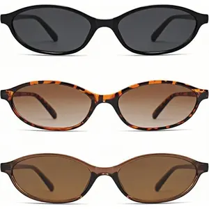 〖Summer Turn Up〗3 Pairs Vintage Oval Women's Sunglasses, Fashion Cat Eye 90s Glasses, Lightweight Narrow UV Protection Sun Shades, Trendy Retro Rich Girl Style Eyewear