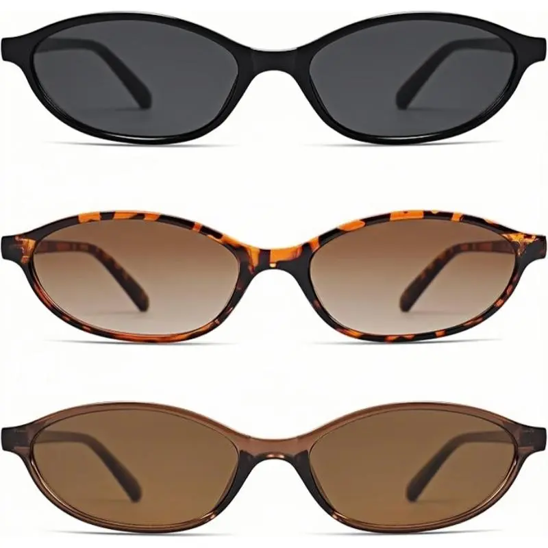 Summer Turn Up 3 Pairs Vintage Oval Women's Sunglasses, Fashion Cat Eye 90s Glasses, Lightweight Narrow UV Protection Sun Shades, Trendy Retro Rich Girl Style Eyewear