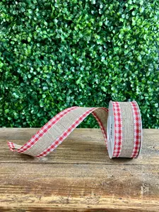 1.5 Inch Natural And Red Linen Gingham Check Ribbon