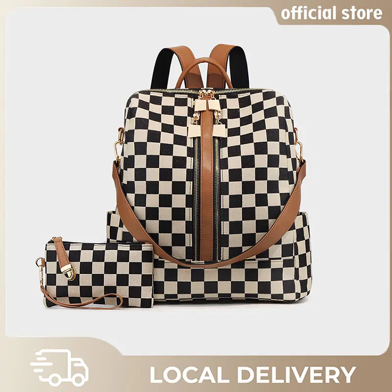 Women's Chic Checkered Durable Backpack Set - Vintage Trendy Casual Large-Capacity Zipper Travel Bag & Wristlet, Multifunctional Bags for Women That Stands Out for Daily Use, Checkered Backpack, Daily-To-Travel Ready
