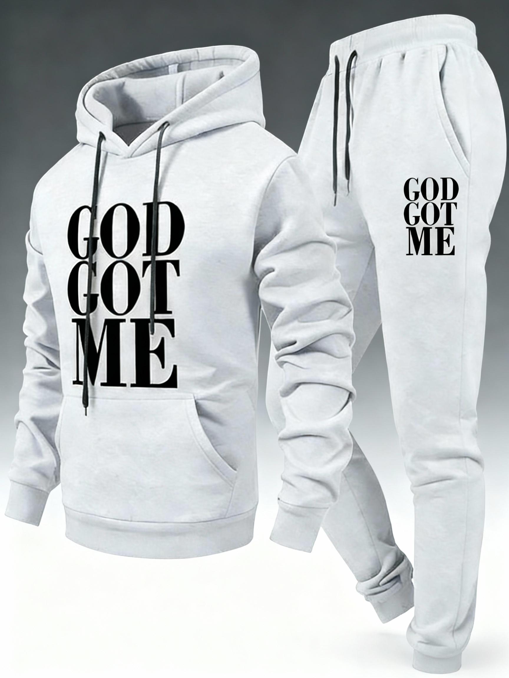 Men's 2-piece faith-themed athletic set, featuring "GODGOTME" printed hoodie & drawstring elastic waist pants, made from soft and comfortable fabric, suitable for everyday wear, street style, and casual outfits