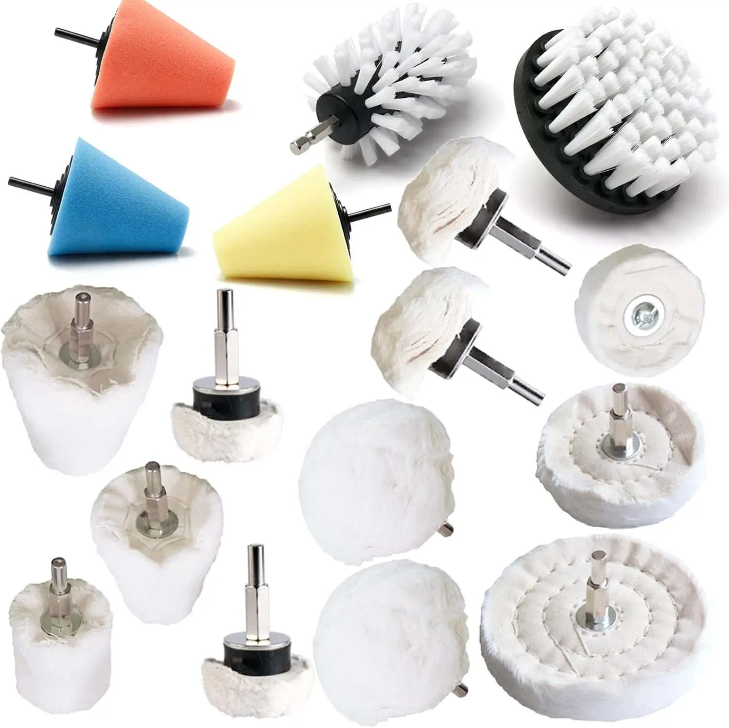 17-Piece Drill Buffing Pads & Polishing Wheel Kit with 1/4" Round Shank, T80-T40 Grades, for Automotive Glass, Auto Surfaces, Watches, Metal, Wood, Cleaning Brush Compatible Chrome/Rotary Polishing Machines