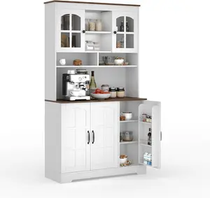 Pantry Cabinet, 70.9 Inch Kitchen Cabinet with Glass Doors, Tall Kitchen Pantry Storage Cabinet with Hutch