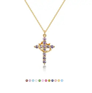 Crown Cross Necklace for Women 18K Gold Plated Silver Cubic Zirconia Pendant Elegant Minimalist Christian Jewelry Gift for Church,Birthdays & Anniversaries
