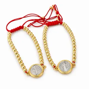 Red Saint Benedict Thread Bracelet for with Gold Beads and Silver Medallions
