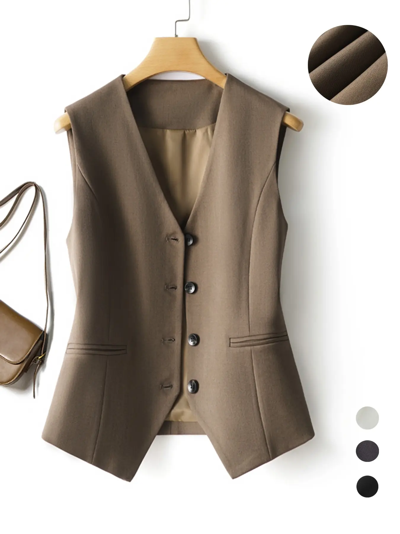 Women's Solid Button Front Vest Blazer, Sleeveless Fitted Elegant Chic V Neck Pocket Vest for Office, Ladies Spring Clothes