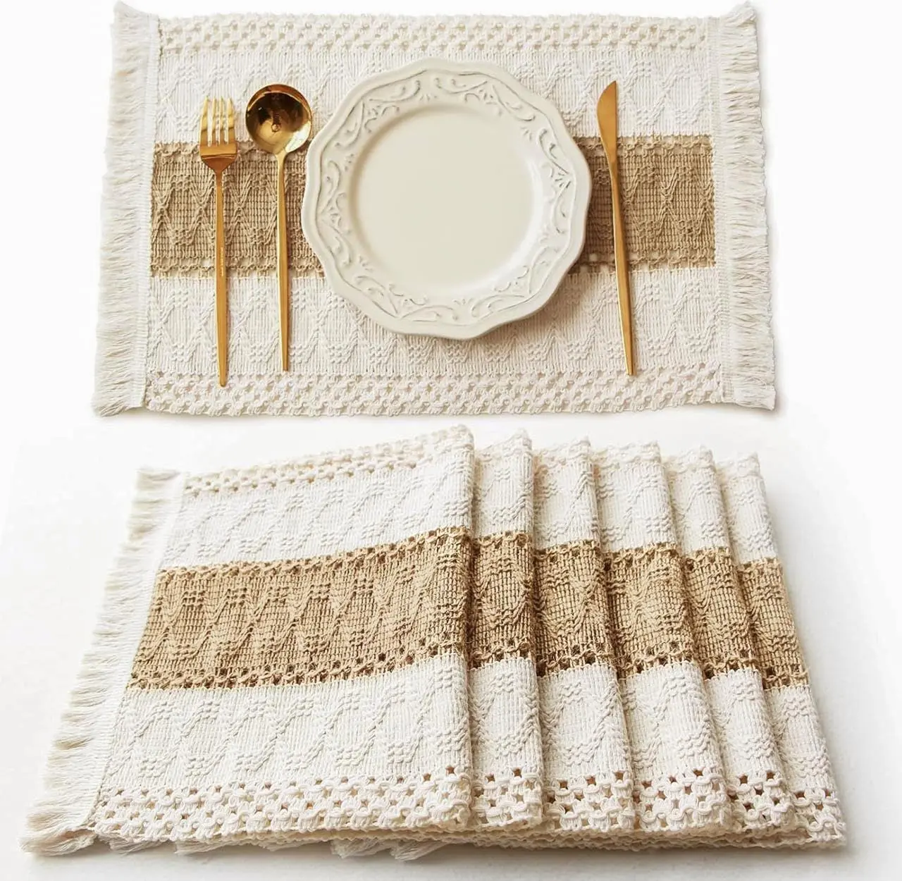 Pack of 6 Boho Placemats Set, Table Decor Farmhouse Style Placemats in Natural Cotton Burlap, for Kitchen and Dining Table Centerpiece Home Decorations（Beige & Brown）