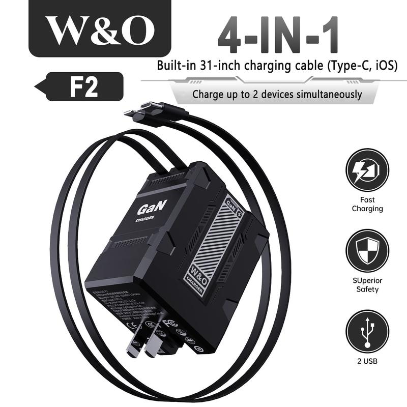 W&O 4-in-1 Portable GaN Fast Charger  Compatible with 120W Fast Chargeing with Retractable Cable USB-C & Lightning Usb Connector iphone 16 plus cases smart watch iphone 15 pro max earbuds portable charger chargers android phones power bank power bank