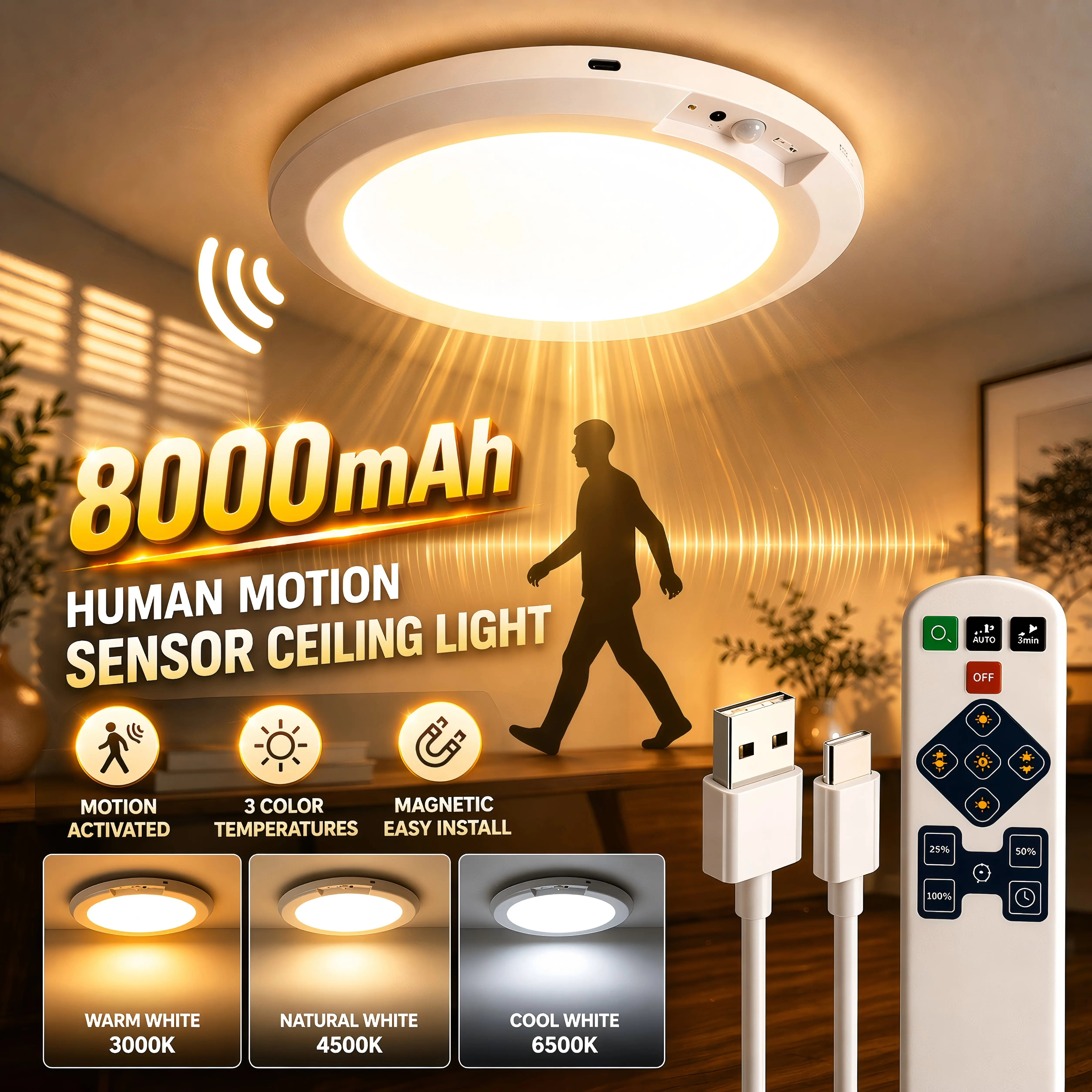 8000mAh Secondary Rechargeable Motion Sensor LED Ceiling Light - Indoor Use Home Lighting with Remote Control, 3 Color Temperatures, 10 Brightness Levels, Charging Function (Closet, Bathroom)