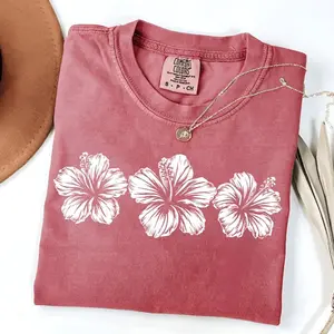 Comfort Colors Hibiscus Flower T-Shirt, Tropical Beach Graphic Tee, Vintage Wash Unisex, Summer TShirt For Vacation Beachwear Gift