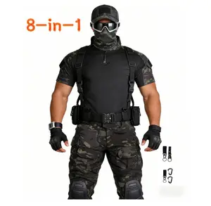 8-in-1 Tactical Camo Uniform & Accessory Set | Breathable Stretch Fabric with Knee Pad Pockets & Adjustable Belt | All-Season Gear for Outdoor Hunting, Training, Hiking | Duty Gear, Tactical Accessories for Men  guard pant