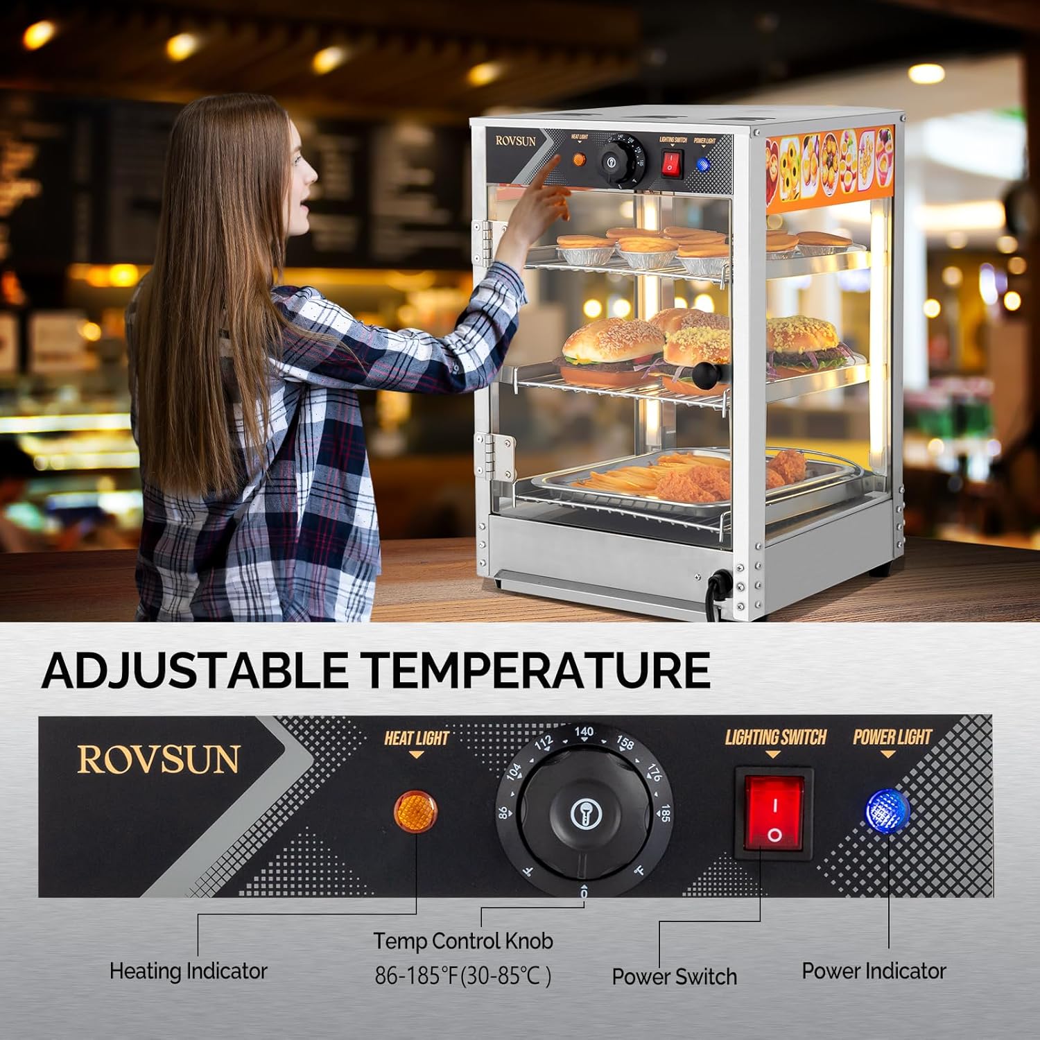 ROVSUN Food Warmer - Commercial Countertop Electric Pretzel Warmer with Removable Shelves LED Lighting Glass Door for Restaurant Buffet - 3/5 Tiers (800W) SpringStatements