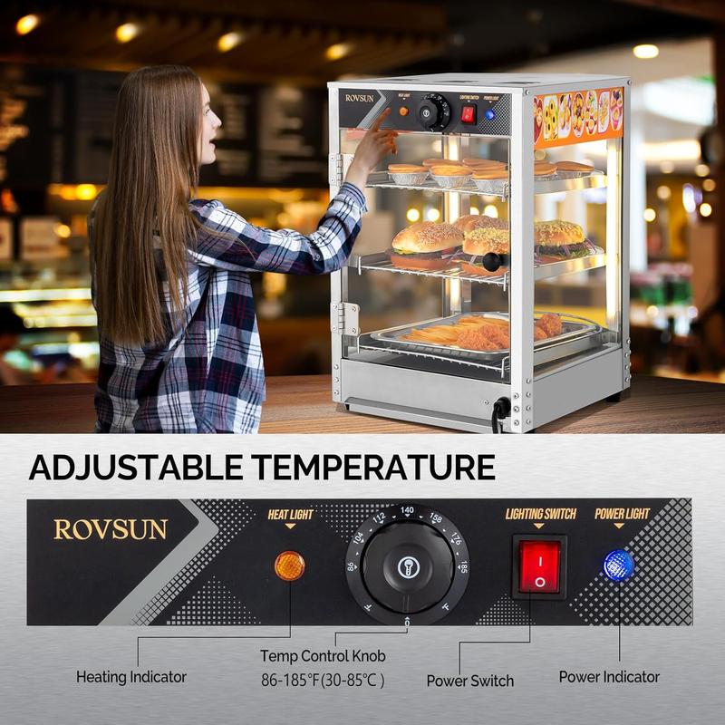 ROVSUN Food Warmer - Commercial Countertop Electric Pretzel Warmer with Removable Shelves LED Lighting Glass Door for Restaurant Buffet - 3/5 Tiers (800W)
