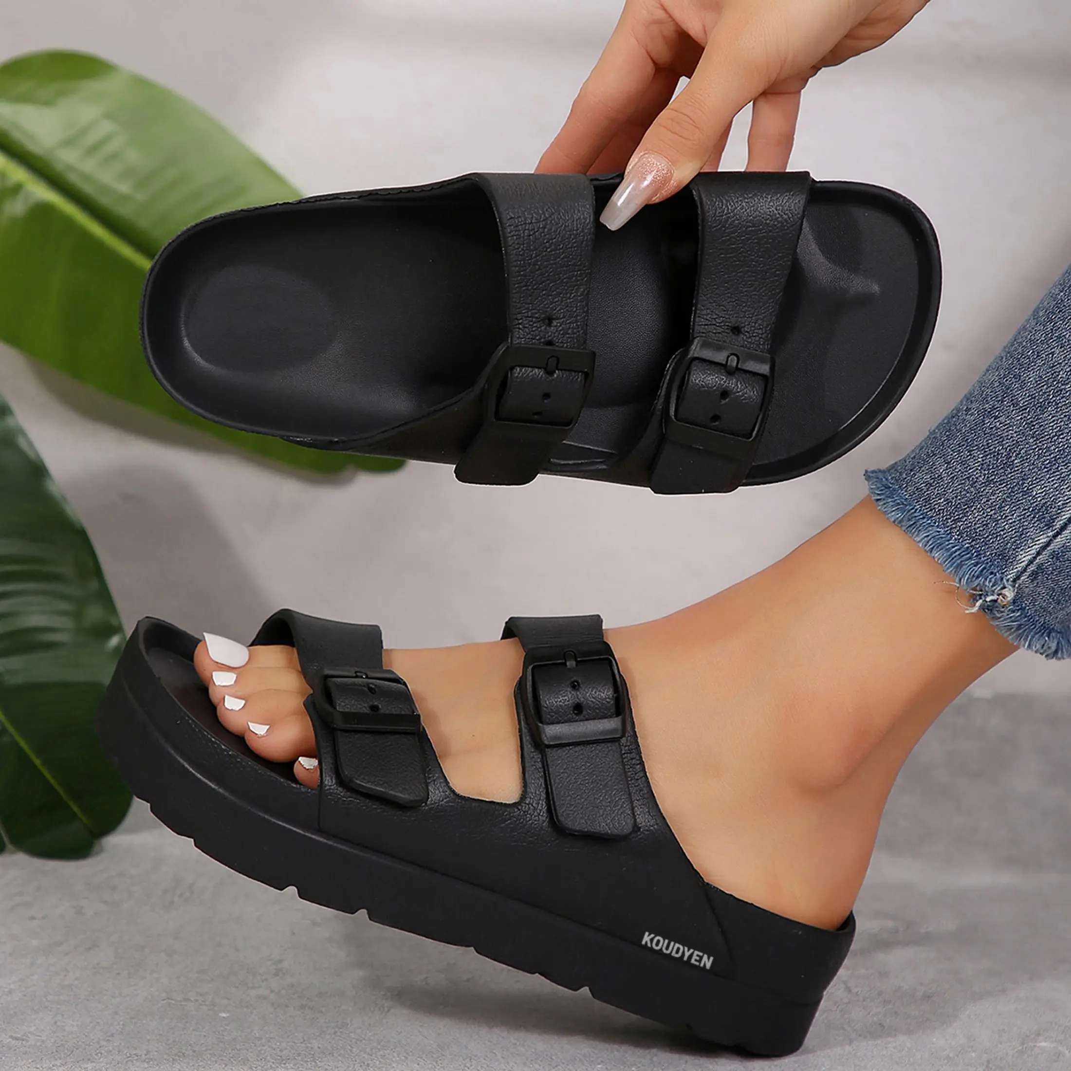 Women's Double Buckle Platform Slides Lightweight EVA Beach Slippers Indoor Outdoor Shoes Springfresh