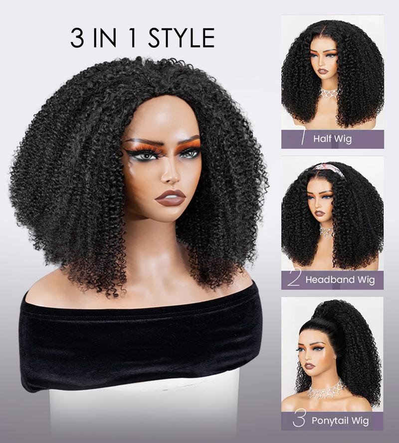 [3 IN 1 HALF WIG] Wavymy Kinky Curly 3 In 1 Seamless Flip Over Half Wig #1B30 Highlight Glueless No Lace Reusable Human Hair for 3 Hairstyles