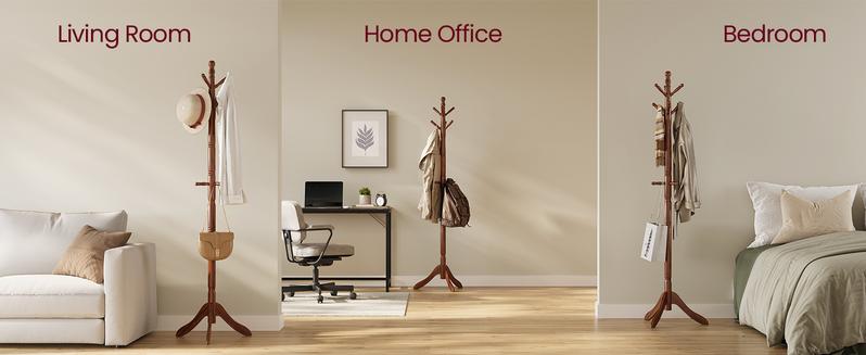 SONGMICS HOME VASAGLE Solid Wood Coat Rack and Stand, Free Standing Hall Coat Tree with 10 Hooks for Hats, Bags, Purses, for Entryway, Hallway, Rubberwood