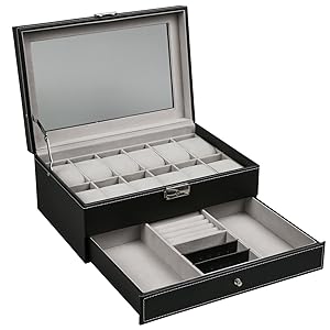 [fathersdaygift] #MemorialDaySale 12 Slot PU Leather Lockable Watch Storage Boxes, Men & Women Jewelry Display Drawer Case, 2-tier Organizer Watch Showcase with Glass Lid Jewellery