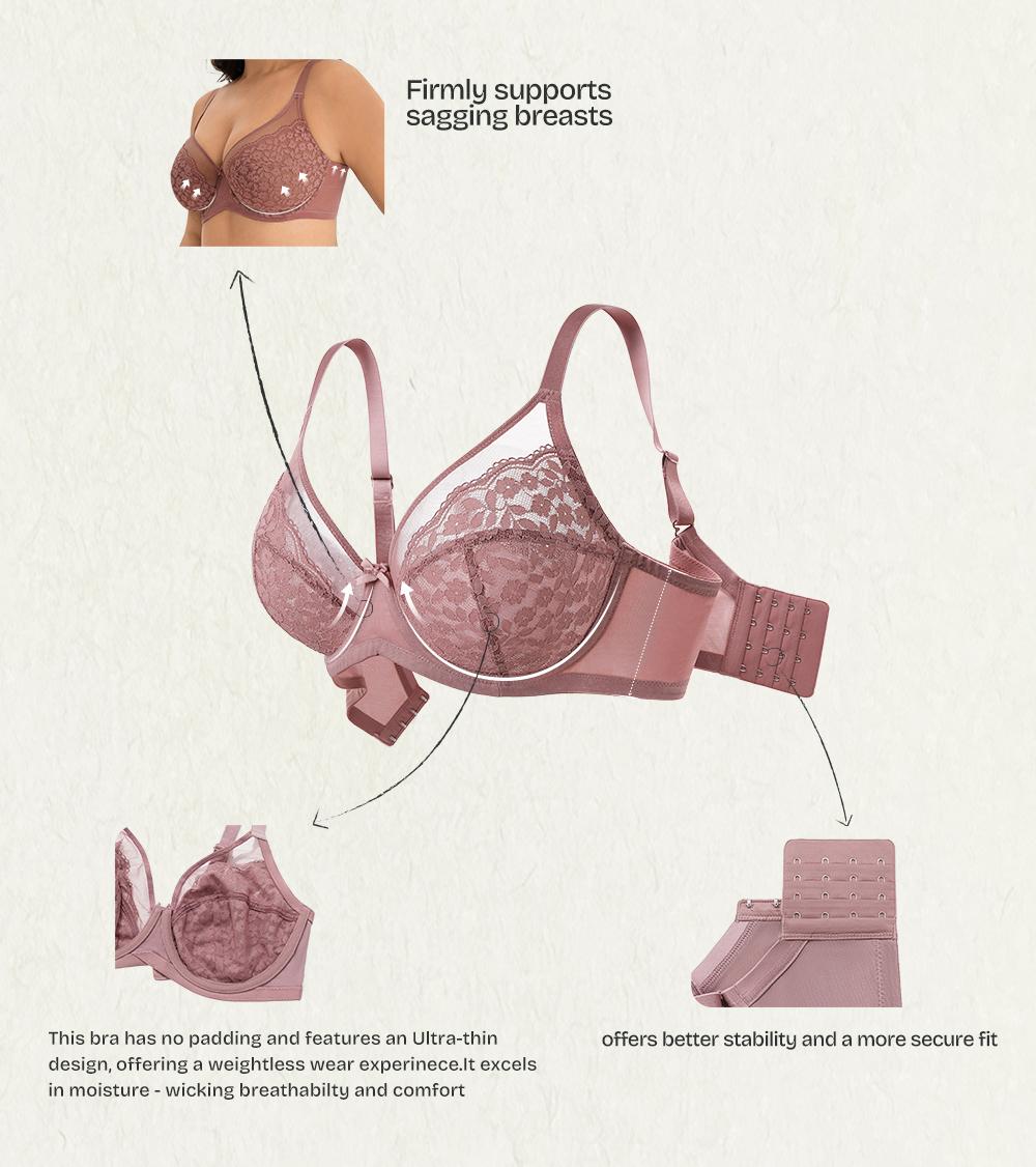 【New Arrival】Lacsper Daisy Floral Lace Comfort Bra Plus Size Minimizer Full Coverage Underwire Supportive Under Band Non-Padded Unlined SpringStatements