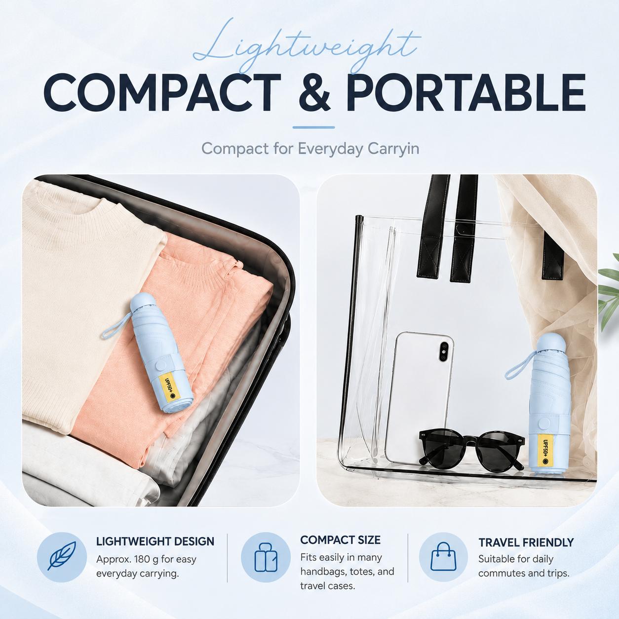Mini Folding Pocket Umbrella, UPF50+ Sun Protection, Water-Repellent Compact Travel Umbrella with Blackout Inner Coating, Lightweight Portable Design for Purse, Mini Bag, Backpack, Car, Beach, Daily Commute, Summer Trips, Outdoor Use, Women, Men and Teens Mini Folding Pocket Umbrella, UPF50+ Sun Protection, Water-Repellent Compact Travel Umbrella with Blackout Inner Coating, Lightweight Portable Design for Purse, Mini Bag, Backpack, Car, Beach, Daily Commute, Summer Trips, Outdoor Use, Women, Men and Teens
