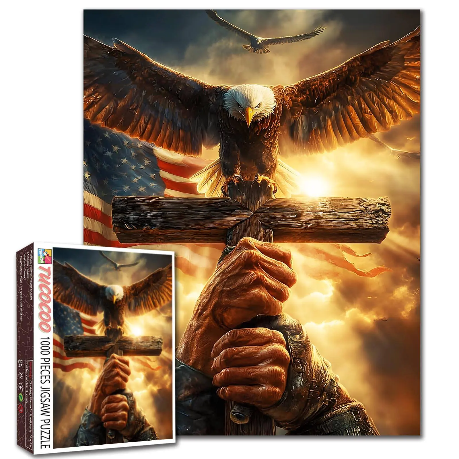 Tucocoo 1000-Piece Patriotic Eagle Cross Jigsaw Puzzle - Bald Eagle Wings Over Wooden Cross, American Flag Sky, Dramatic Light, Precise Fit, US Pride, Adult Brain Challenge, Family Game, Wall Decor Gift (27.5x20in/70x50cm)