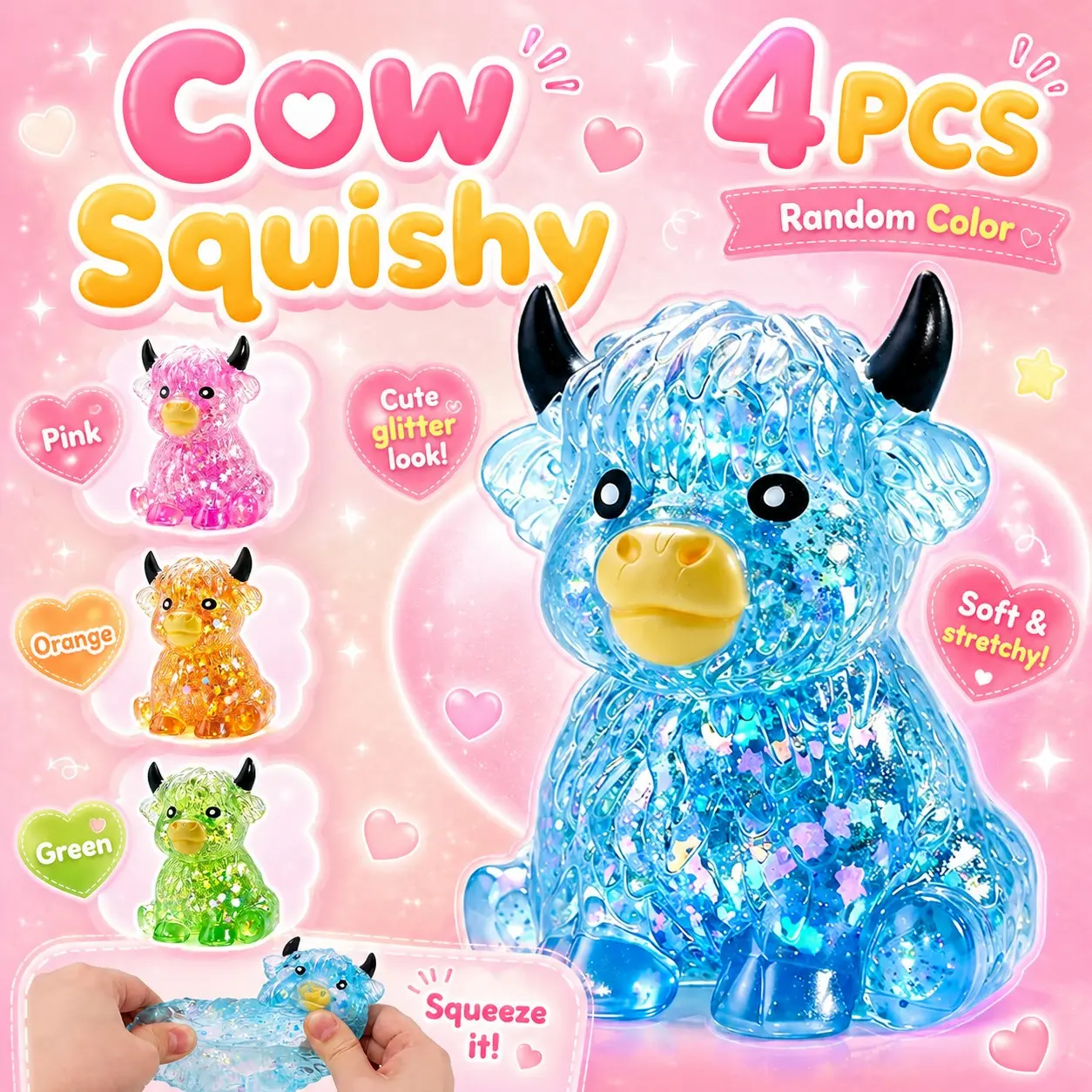 4PCS Highland Cow Squishy, Glitter Highland Cow Squishies Fidget Toy,  Highland Cow Stress Ball, Soft Slow Rising Stress Relief Ball, Cute Sensory Squeeze Toy for Adults & Kids, Anxiety Relief Desk Decor for Cow Lovers