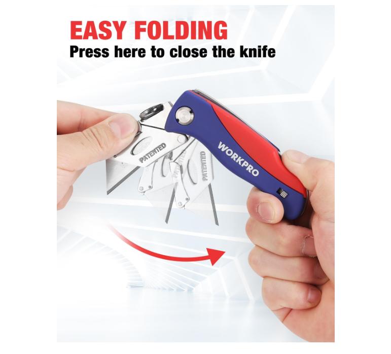WORKPRO Folding Utility Knife, Quick-Change Box Cutter, Blade Storage in Handle with 5 Extra Blades Included