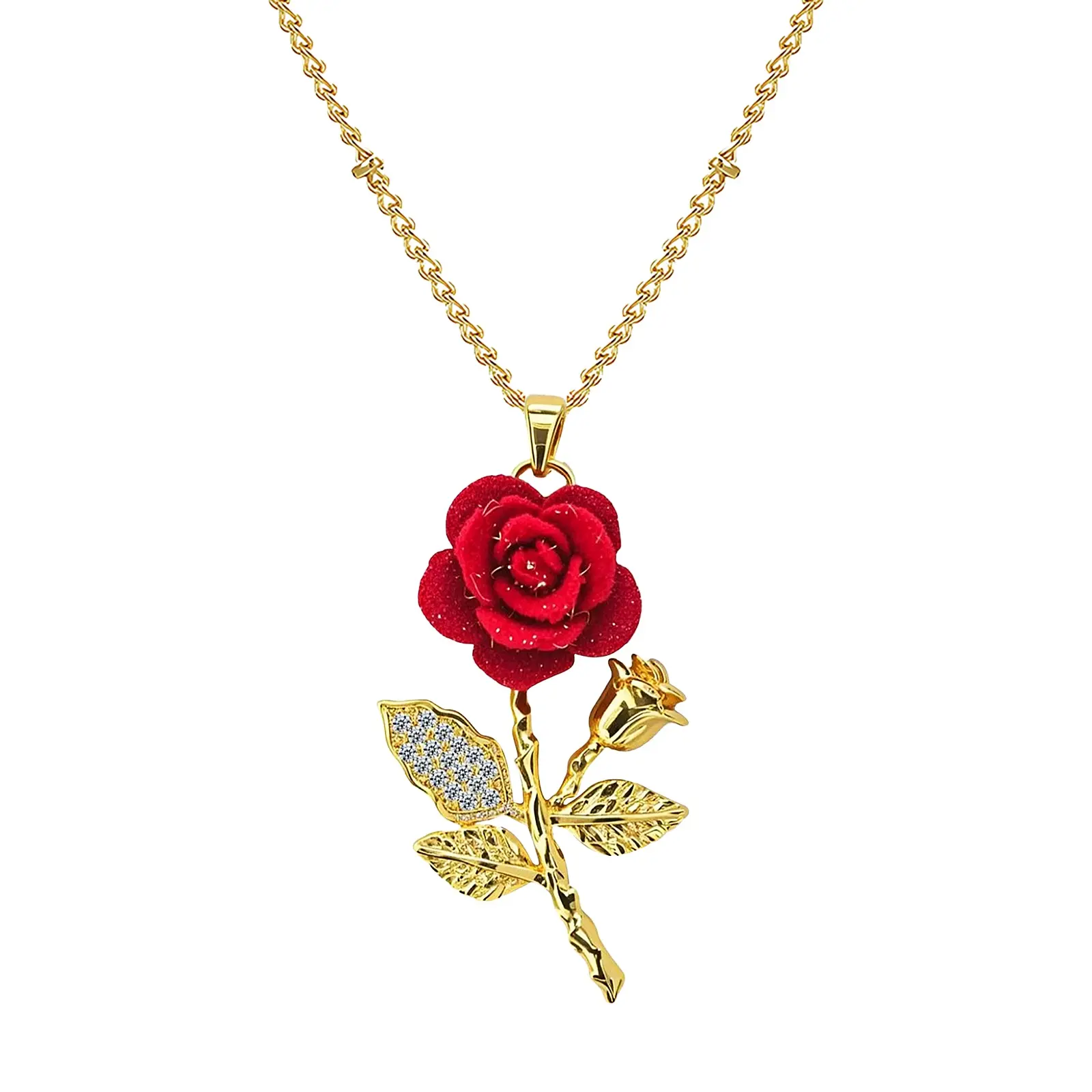 Women Rose Flower Necklace – Cubic Zirconia Copper Pendant with Velvet Red Flower Romantic Jewelry Gift for Girlfriend Wife Valentine's Day Anniversary Birthday summerwins,summerwins