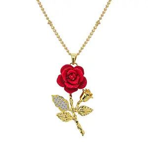 Women Rose Flower Necklace – Cubic Zirconia Copper Pendant with Velvet Red Flower Romantic Jewelry Gift for Girlfriend Wife Valentine's Day Anniversary Birthday