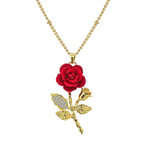 OIDEA Women's 3D Velvet Rose Flower Necklace - 1.37"x0.82" Copper Pendant, 17.71in+1.97in (45cm+5cm) Copper Chain, Enamel CZ Luxe Look Jewelry, Valentine's/Anniversary Gifts for Women by summerwins