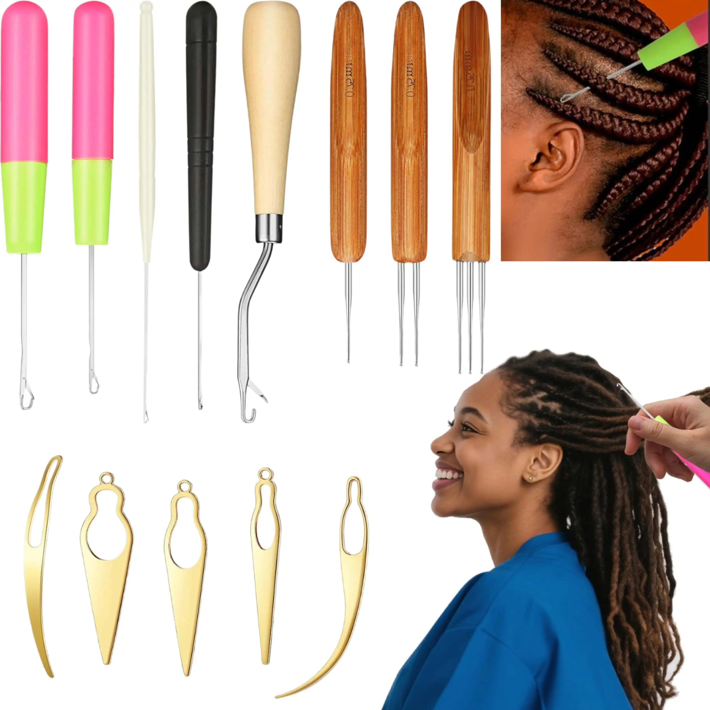 13Pcs Dreadlocks Crochet Hook Tool Set 3 Dreadlock Hair Crochet Needles 5 Interlocking Tools for Locs 5 Bent Latch sHooks for Hair Braiding Twist Sister Locks Hair Styling Accessories