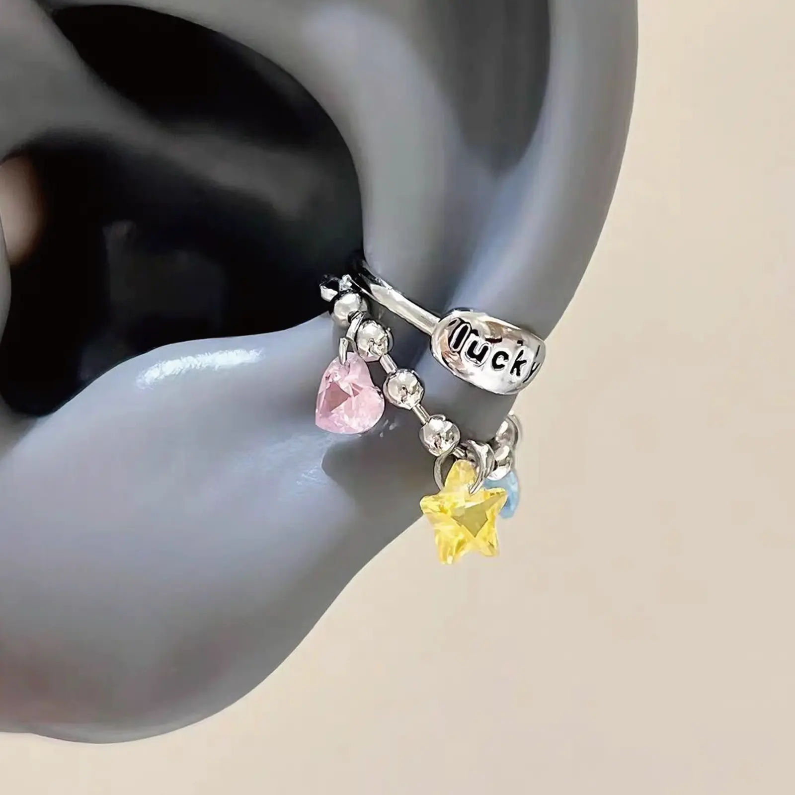 1Pc Lucky Sparkle Heart Star Rhinestone Cartilage Stud with Double-Layer Ear Chain, Hypoallergenic Stainless Steel Helix Earring, Y2K Dopamine Ear Stack Jewelry for Women