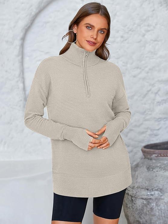 PRETTYGARDEN Women's Long Sleeve Quarter Zip Pullover Sweater Casual Loose V Neck Collared Ribbed Knit Jumper Tops Thumb Hole Cozy Ribbed Knit Soft Warm Trendy Colors for Every Season