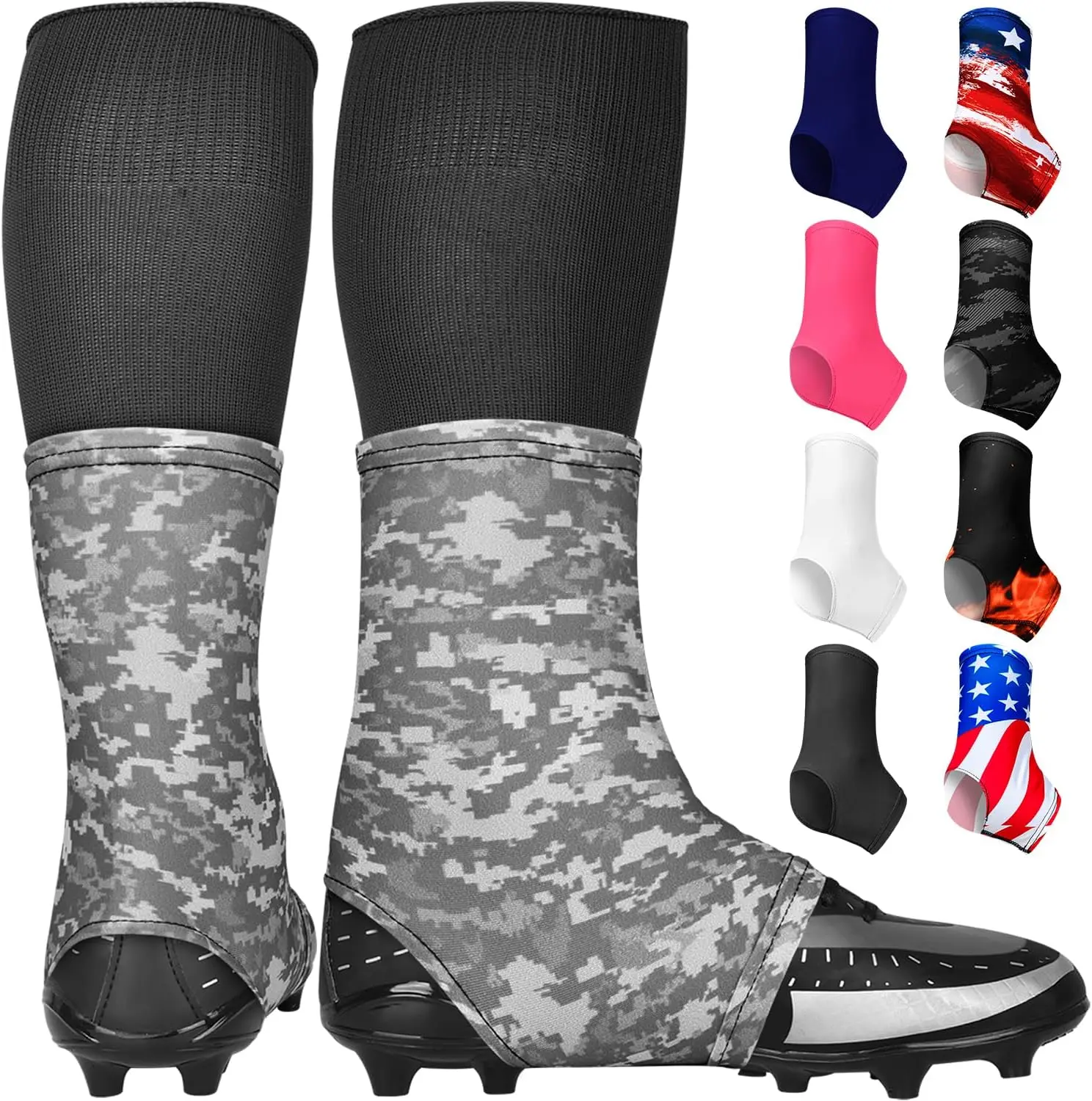 Spats Football Cleat Covers - Keep Your Laces Tied and Cleats Clean, Football Spats for Cleats, Perfect for Baseball, Soccer, Lacrosse, Hockey - Adult & Youth Sizes ( Grey Camo )
