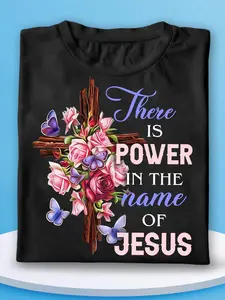 Plus Size, Jesus Name Sturdy T-Shirt- Floral Cross Butterfly Pattern Bold Print, Pure Breathable Fabric, Machine Washable Spring Summer Autumn Casual Religious Clothing