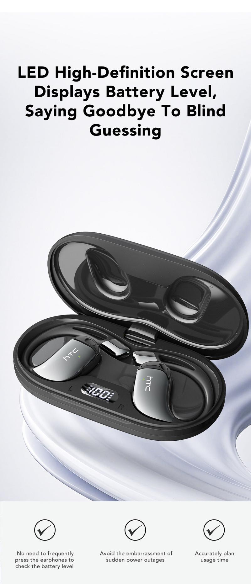 HTC NE57 Wireless OWS Earbuds Bluetooth 6.0, IPX5 Waterproof Earphones, Suitable for Office, Sports, Study and Audio Calls Built in Microphone Gaming Bluetooth Headphones