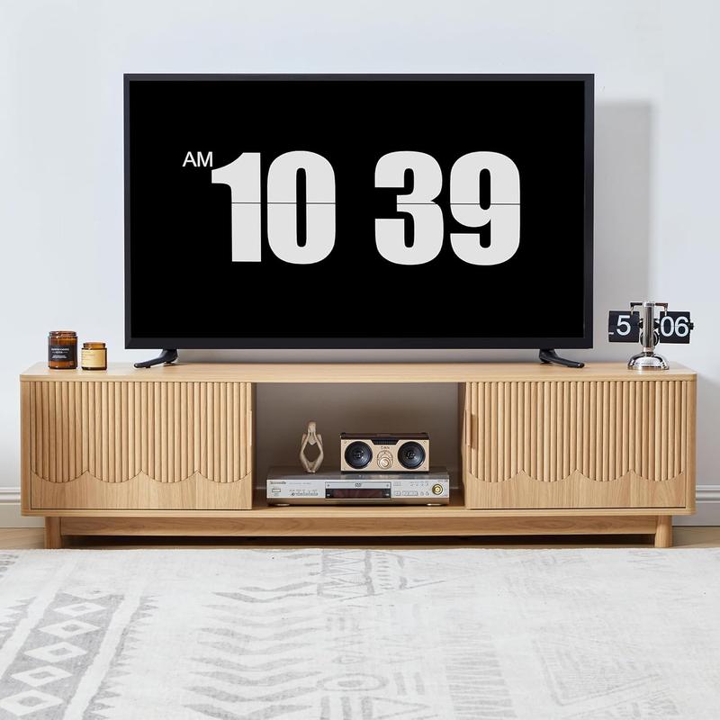 Giratree 62.2" Mid-Century Modern TV Stand, Curved Wooden Media Console with Slatted Storage Doors for 50–70 Inch TVs