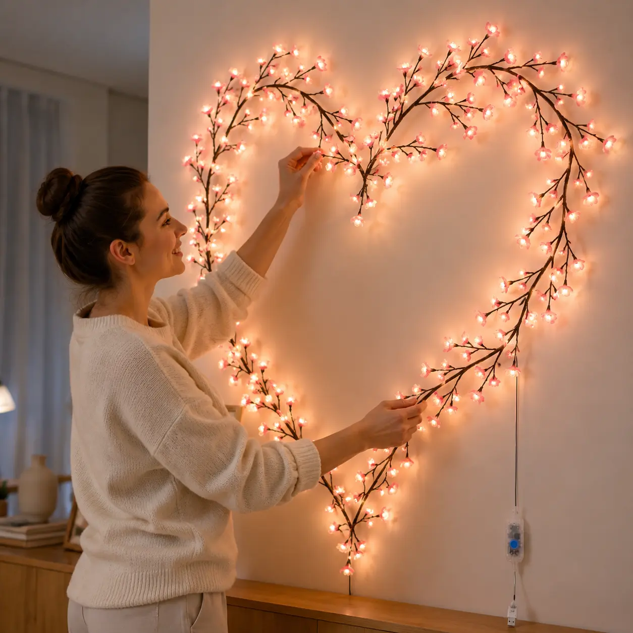 Summerwins 1PC 6.23FT USB-Powered 96 LED Floral Cherry Blossom Vine Fairy String Lights, Manual Controller, 8 Lighting Modes, Wall Clips, Flexible Indoor Décor for Valentine’s Day, Bedroom, Gifts