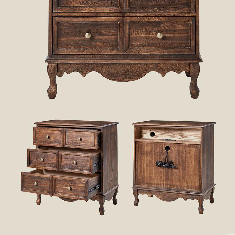 Hulala Galatea 30'' Tall End Table 3-Drawer Farmhouse Cabinet/Nightstand with Built-in Power Strip, Faux Six-Drawer, Solid Wood Legs & Adjustable Feet