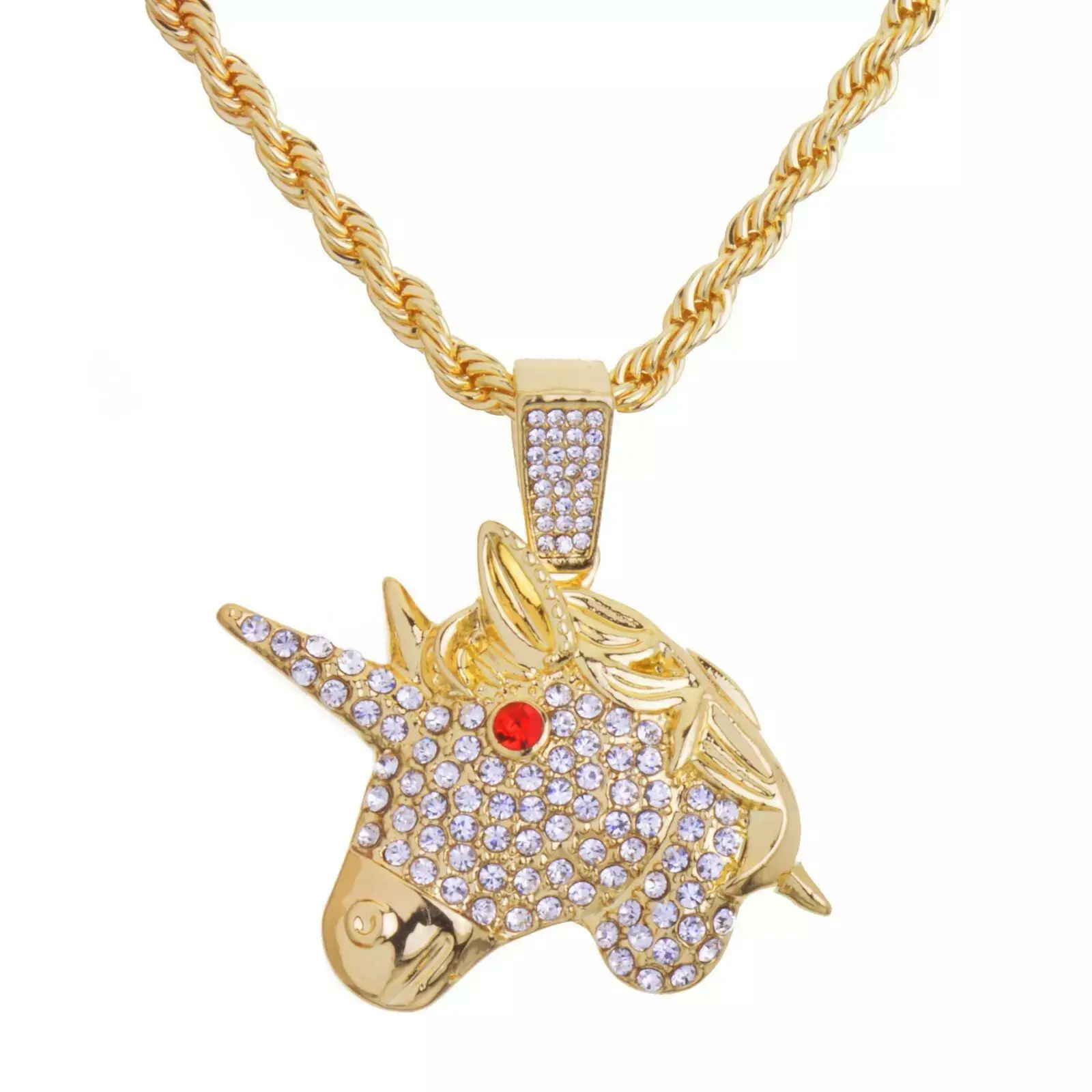 MaxBling81 Iced Unicorn Head Gold-Silver Plated Charm Pendant Hip Hop Chain Jewelry Necklace - 4mm Rope/Link Chain Options, 18in/20in/24in Sizes, Unisex Costume Fashion Accessory, Chain Jewelry Necklaces