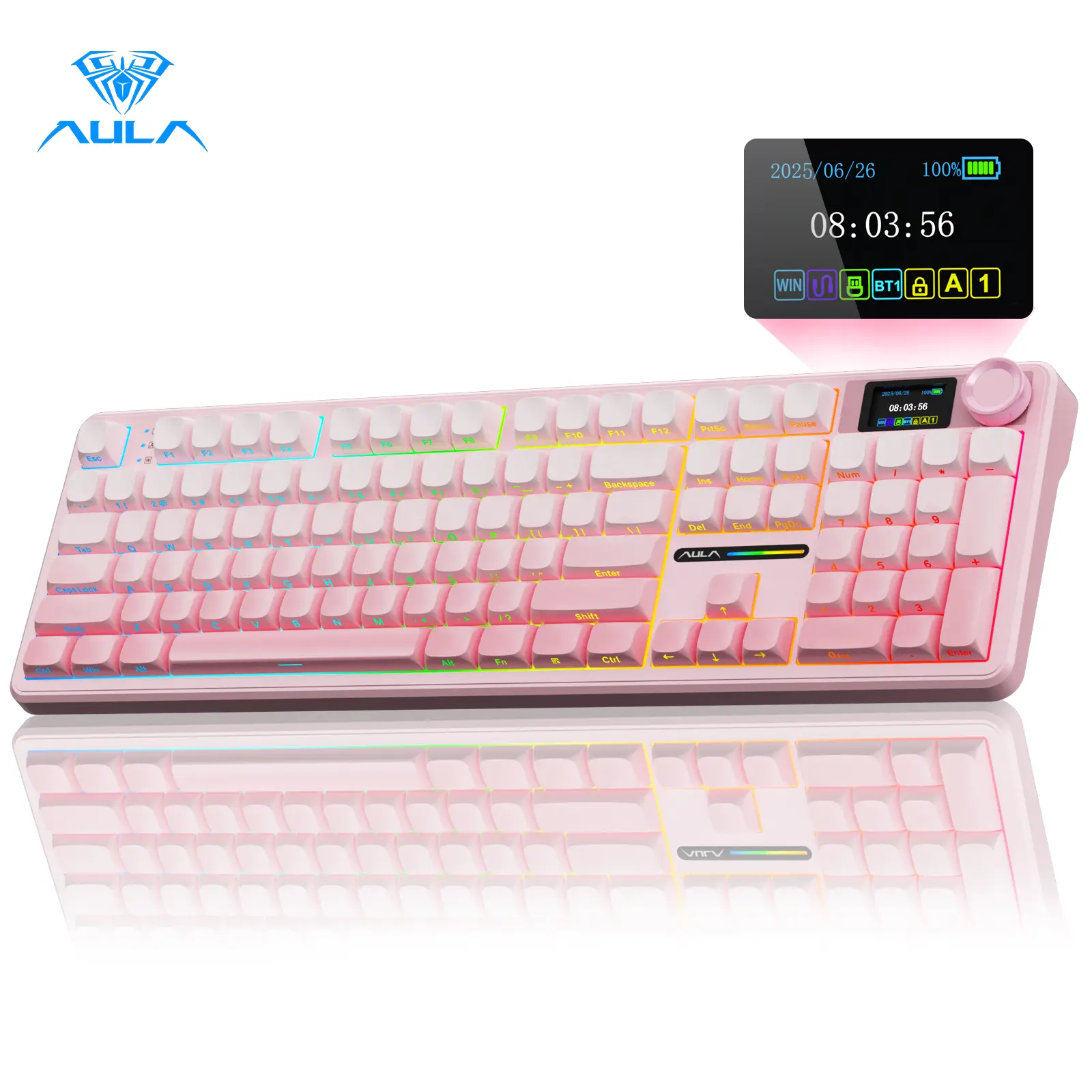 [Restock]AULA F108 Pro Pink Wireless Mechanical Gaming Keyboard, Full Size 104-Key Keyboard with Smart Screen & Knob, Tri-Mode RGB Backlit, Hot Swappable Custom Keyboard for Office and Gaming,summerwins,back to school,back to school shopping